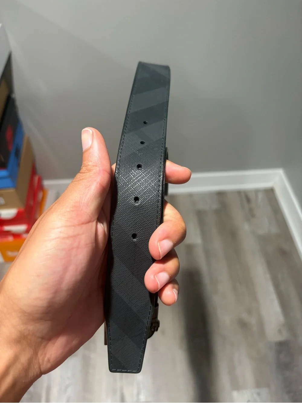 Burberry Grey Textured Leather Belt with Silver TB Buckle $200 or best offer